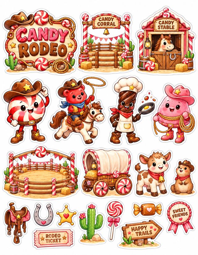 Candy Rodeo stickers page made with the OTO1 prompts