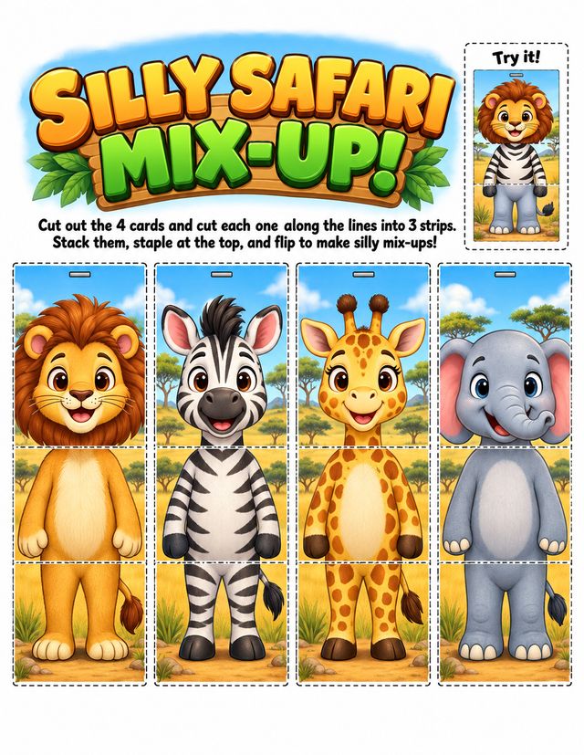 Silly Safari Flip Book page made with the OTO1 prompts